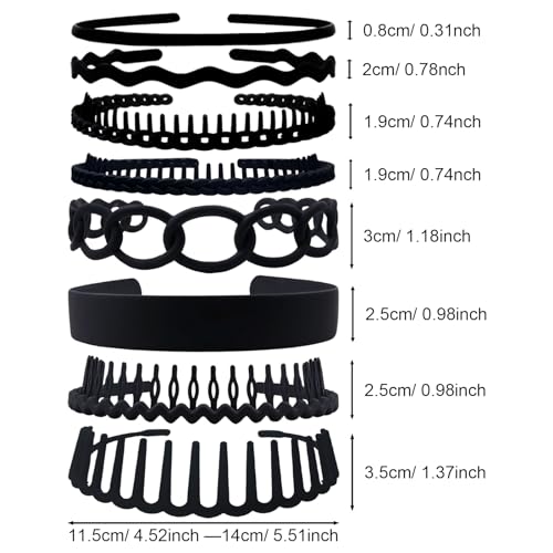 Set of 8 Non Slip Plastic Headbands for Women Men Teen and Girls, Black Nubuck Material Hair Bands, Wide and Skinny Head Bands with Teeth Comb (8 Styles) - size: 1 Count (Pack of 8)