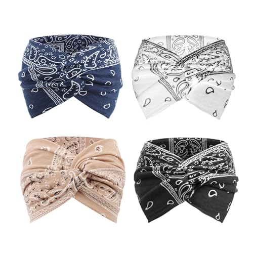 AQOKKA Extra Wide Headbands for Women Large Turban Headband Non Slip Boho Elastic Hairband Hair Twisted Knot Head Bands Accessories - color: 4 Pcs: Black, Navy Blue, White,Beige