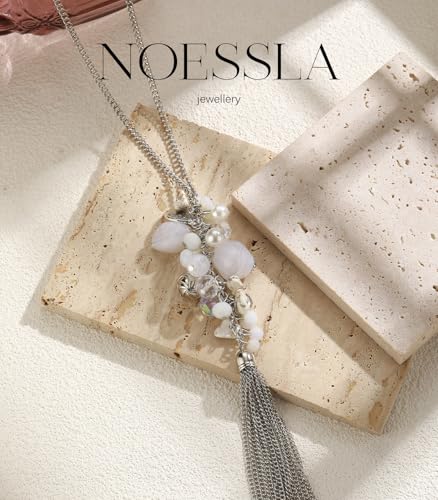 Noessla Boho Long Pendant Necklaces for Women Silver Tassel Long Necklace Sweater Chain Mothers Day Gifts Silver Costume Jewelry for Women - color: White