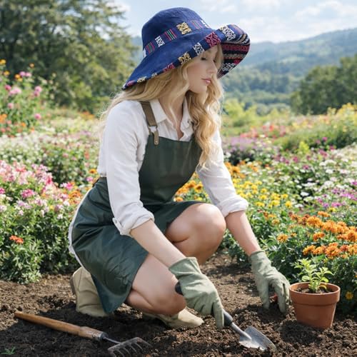 Wide Brim Sun Hat for Women Reversible Beach Hats Metal Wired Edge Gardening Hats, UPF 50+ Bucket Summer Hat - color: Navy Boho-style