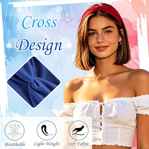 4th of July Short Headbands for Women 3Pcs Red White and Blue Twist Cross Turban Headbands Boho Elastic Non Slip Hair Bands Hair Wraps Accessories - color: Red+Blue+White