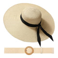 Womens Beach Sun Straw Hat with Straw Belt UV UPF 80+ Travel Foldable Brim Summer UV Hat Stretch Boho Belt for Dress - color: Beige, size: X-Small