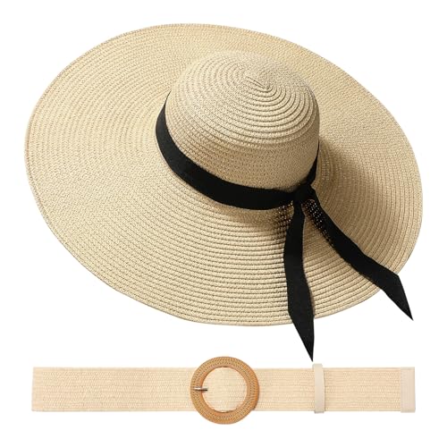 Womens Beach Sun Straw Hat with Straw Belt UV UPF 80+ Travel Foldable Brim Summer UV Hat Stretch Boho Belt for Dress - color: Beige, size: Small