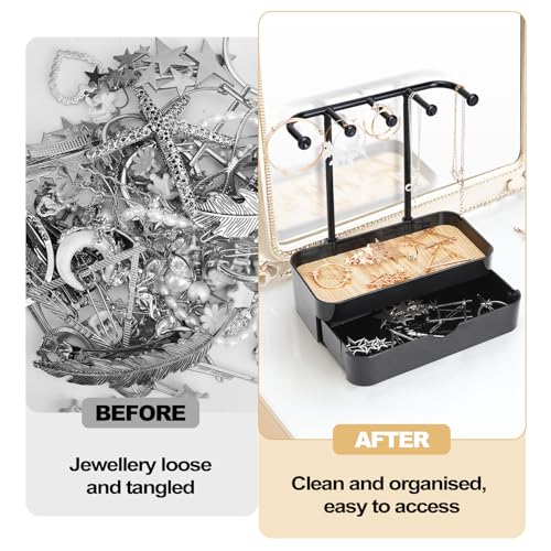 Jewelry Organizer Stand, 2-Tier Necklaces Holder with Wooden Tray and 5 Storage Hooks, Earring Holder with 5 Pcs Jewelry Bags for Bracelet,Chains,Rings,Earrings,Keys Watches (Black) - color: Upgraded Black