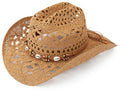 Straw Cowboy Hat, Western Cowgirl Hat, Wide Brim Sun Beach Hat for Men and Women - color: Khaki-m26