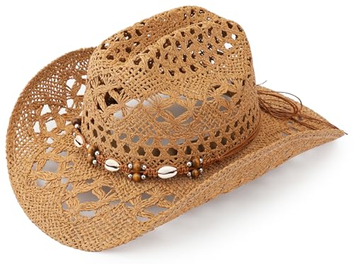 Straw Cowboy Hat, Western Cowgirl Hat, Wide Brim Sun Beach Hat for Men and Women - color: Khaki-m26