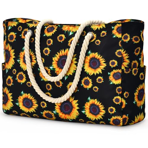 Becokan Beach Bag Large Beach Tote Bag for Women Waterproof Sandproof Swim Pool Bag With Zipper - color: Sunflower