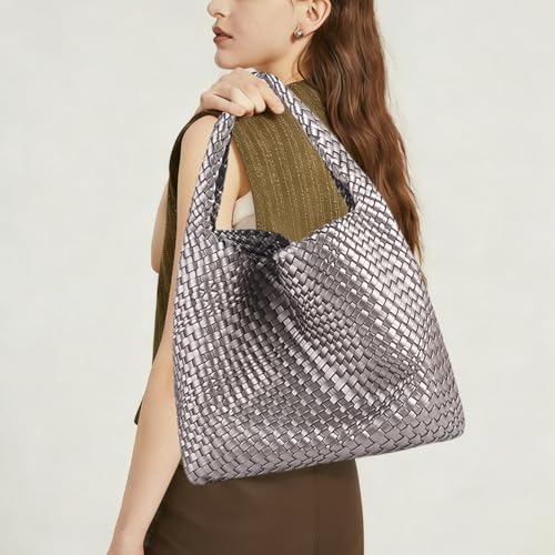 Woven Tote Bag For Women, Large Vegan Leather Travel Handbag, Casual Work Shoulder Bag, Underarm Commuter Hobo Bag With Purse - color: Silver