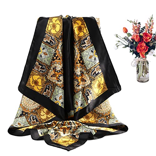 CHLINS 35" Satin Square Hair Scarf Bandanas - 3Pcs Large Silk Head Scarves Lightweight Sleeping Hair Wraps for Women - color: Camel + Black + Beige