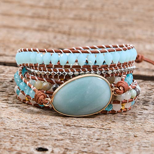 YGLINE Boho Handmade Wrap Leather Tube Crystal Stone Bracelet for Women - color: Amazonite 2