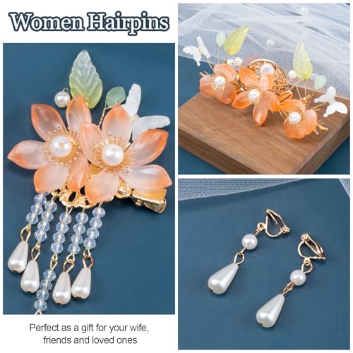 HINZIC 5pcs Flower Tassels Hairpin for Women, Non-Slip Pearl Butterfly Love Flower Hair Combs, Retro Chinese Hanfu Wedding Brides Hair Accessories for Long Hair - color: Orange