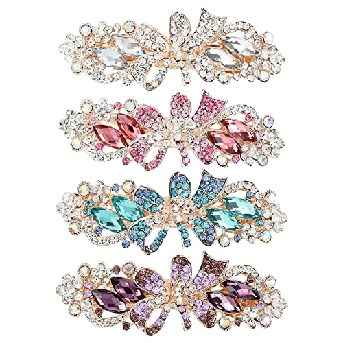 inSowni 4 Pack Luxury Glitter Sparkly Jeweled Gems Korean Decorative Crystal Rhinestone Flower Strong Metal French Barrettes Snap Alligator Hair Clips Headpieces Accessories for Women Girls - color: 4pcs Set F