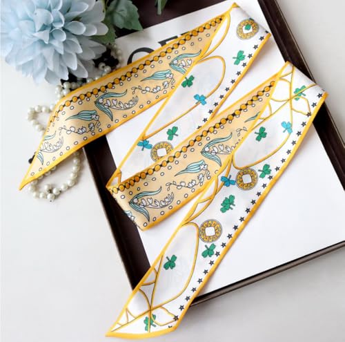 JERLA 100% Mulberry silk Scarf bag scarf Head Hair Ribbon Handbag Handle wrap Tie Bundle Neckerchief Scarf for women - color: Bellwort Yellow and White