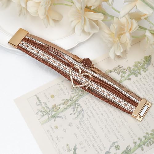Leather Wrap Bracelet for Women, Boho Cuff Bracelet with Strong Clasp, Multi-Layer Crystal Leather Bracelet for Valentine Mother's Day - color: 01-Heart-Brown