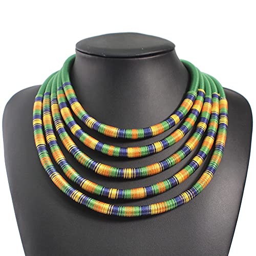 COLORFUL BLING Handwoven African Tribal Multilayer Chunky Statement Necklace Egypt Bib Collar Choker Costume Party Jewelry Accessories for Women - color: mix green