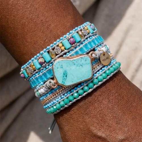 YGLINE Natural Stone Bracelet 5 Wraps Bracelet Handmade Blue Color Boho Bracelet for Women Bracelet - color: turquoise 4