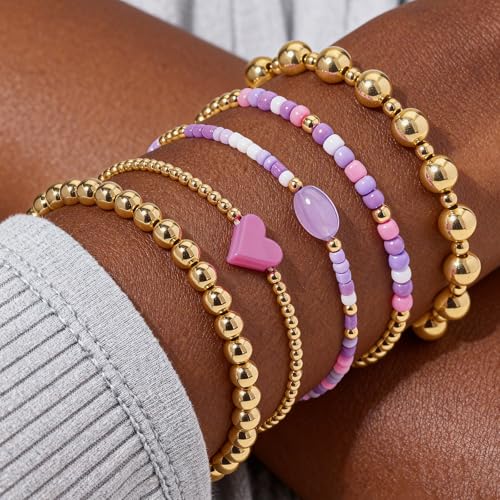Gold Beaded Bracelets for Women: 14K Gold Bracelets for Women Trendy Dainty Gold Ball Bracelet Stack for Womens - Boho Stretch Bracelets Jewelry Sets with Cross Fashion Accessories Gifts for Women - style: Pink Heart