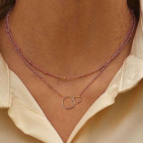 CHESKY 14k Gold Plated/Silver Plated Dainty Necklace for Women, Trendy Satellite Choker Necklace Thin Beaded Layered Choker Necklaces Discs Paperclip Chain Necklaces Womens Simple Jewelry - style: Satellite circles-gold