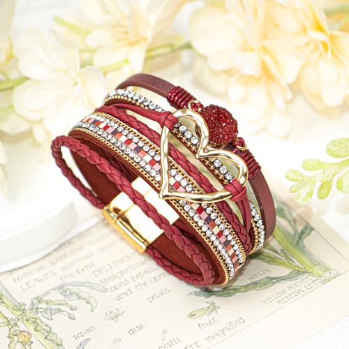 Leather Wrap Bracelet for Women, Boho Cuff Bracelet with Strong Clasp, Multi-Layer Crystal Leather Bracelet for Valentine Mother's Day - color: 01-Heart-Burgundy