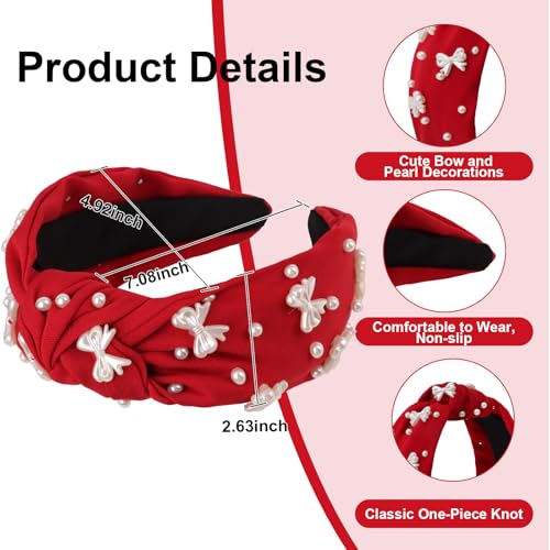 Red Headband Bow Pearl Knotted Headbands for Women Girls Cute Fashion Wide Headbands for Women Non Slip Hairbands Head Bands for Women's Hair Bow Hair Accessories - color: Red