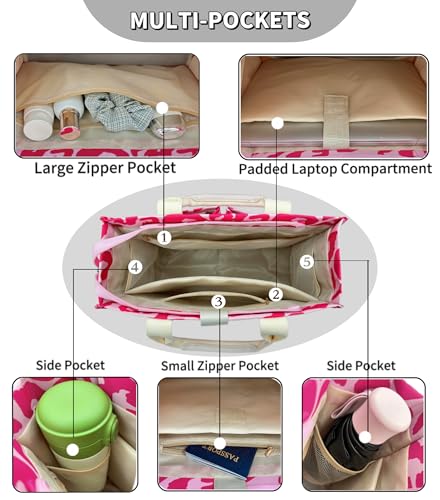 Large Canvas Tote Bag for Women Work Tote Bags with Pockets Laptop Crossbody Purses Everyday Bag Handbags for Travel - color: New Upgrade Plus Leopard Pink