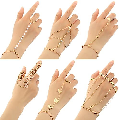 Fumete 6 pcs Finger Ring Bracelet Linked Rhinestone Hand Harness Chain Slave Bracelet with Ring Everyday Jewelry for Women - color: Gold, style: Delicate