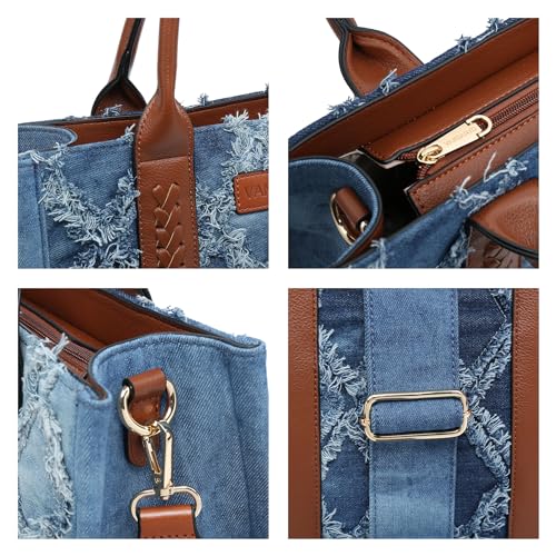 Denim Tote Bag for Women Top Handle Satchel Purse Boho Shoulder Handbags with Wristlet - color: Blue