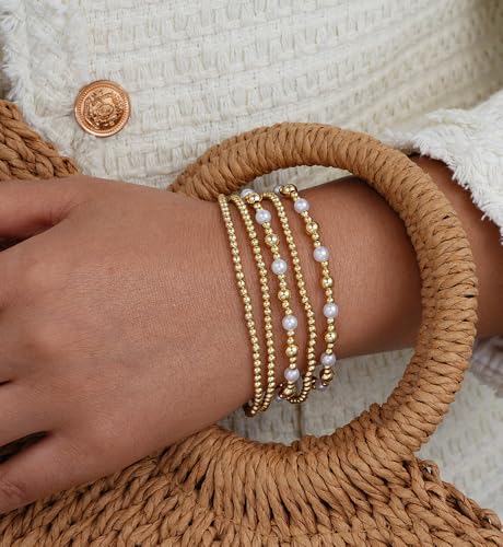 Gold Beaded Bracelets for Women, 14K Real Gold Plated Jewelry for Women Dainty Pearl Bead Bracelets Stack, Non Tarnish Trendy Stackable Ball Cross Stretch Bracelet Set Fashion Accessories Gifts - color: Gold pearl small bead