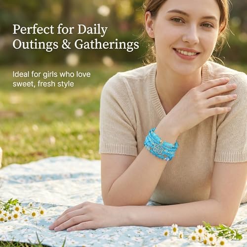 LOTSOF Boho Flower Beaded Bracelet Set for Women - Multilayer Crystal & Flower Charm Stackable Bracelets, Fashion Jewelry Gift for Her - color: Blue