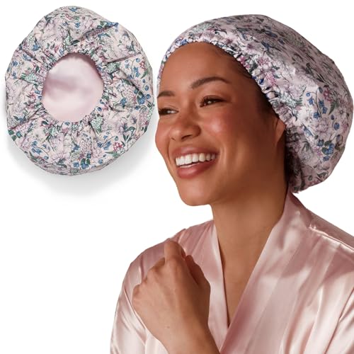 Bridgerton x Kitsch Satin-Lined Flexi Shower Caps for Women Reusable Waterproof - Large Wide Shower Cap for Women & Men, Adjustable, Stylish Hair Cap for Showers, For Long & Short Hair - Wisteria - color: Wisteria