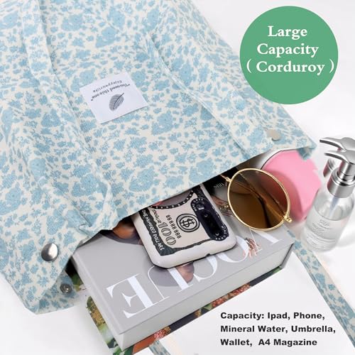 Corduroy Tote Bag for Women Small Canvas Shoulder Purse Cord Handy Bag with Inner Pocket | with Front Pocket - color: 03 Blue Flower