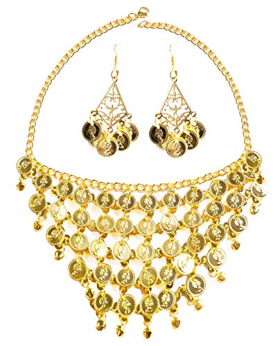 Seawhisper Belly Dance Golden/Silver Coins Necklace and Earrings Bracelets - color: Golden(3pcs:1 necklace + 2 earrings)
