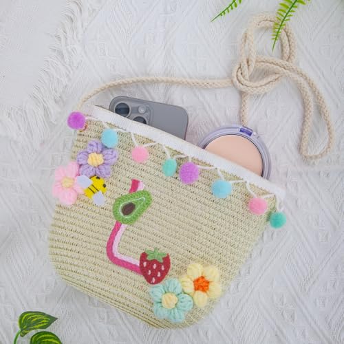 Letter Small Woven Straw Summer Beach Tote Bag for Women 2025,Woven Straw Beach Purse Shoulder Crossbody Bag for Women 2025 - color: Brown L