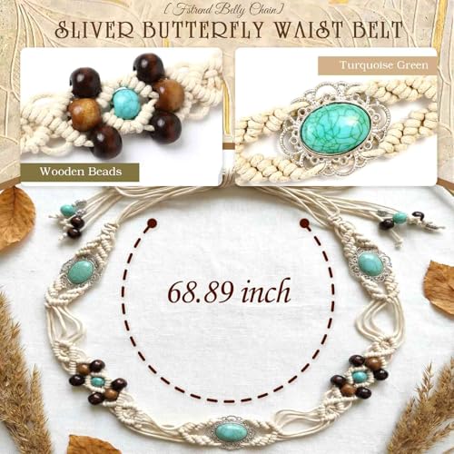 Fstrend Women's Woven Waist Belt Chain,Turquoise Braided Belts with Wooden Beads,Adjustable Belly Accessory for Dress (D) - color: A