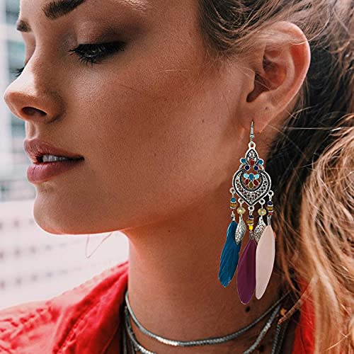 Bohemian Earrings Feather Tassel Silver Ethnic Retro Boho Dangle Earring Bead Women Jewelry for Birthday Party Gifts (Multicolor) - color: Multicolor