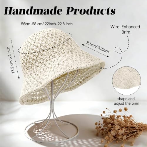 Sun Hat for Women Beach Hat Straw Bucket Hat Summer UV Protection, Packable Breathable Crochet Style - color: 1pack-milk White
