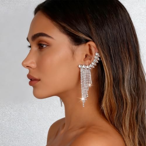 Crystal Ear Cuff Earrings for Women Rhinestone No Piercing Crystal Sparkly Ear Cuff Statement Earrings Wedding Party Jewelry - style: Left B