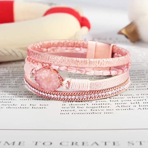 Long tiantian Leather Bracelets for Women Warp Bracelet Stackable Boho Layered Bracelet Chunky Heart Trendy Birthday Gifts for Her - color: B30:2 Bracelet Sets for Teen Girls(Pink)