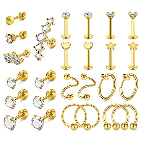 Mayhoop 16g Cartilage Earrings - Men Women Surgical Stainless Steel Tragus Piercing Jewelry Stud Hoop Forward Helix Rook Daith Conch Earrings - style: Gold