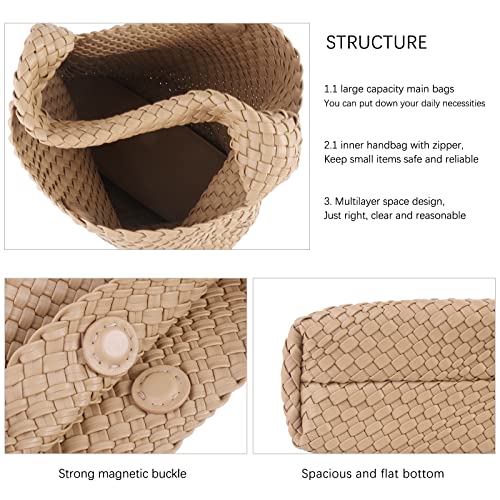 Woven Tote Bag For Women, Large Vegan Leather Travel Handbag, Casual Work Shoulder Bag, Underarm Commuter Hobo Bag With Purse - color: Khaki
