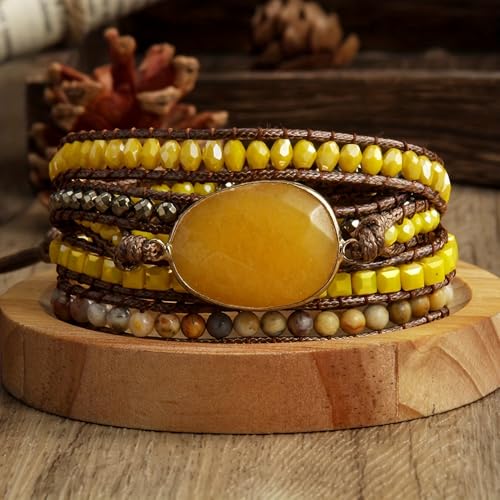 Women Wrap Bracelet Boho Natural Jasper Crystal Stone Beads Strand Bracelets - color: Yellow
