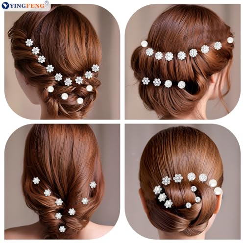 60 Pcs 7 Styles Silver Bridal Wedding Hair Pins, YINGFENG Flower Hair Clips for Women, U Shaped Crystal Pearl Hair Clips, Suitable for Brides, Bridesmaids, Women's Wedding Hair Accessories
