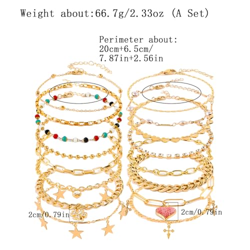 16 Pcs Gold/Silver Anklet Bracelets for Women Cuban chain Heart-shaped Beads Layered Adjustable Size Beach Daily Party - color: golden