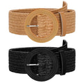 SUOSDEY 2 Pack Straw Woven Elastic Belt Braided Stretch Wide Boho Rattan Waist Belt for Women Dresses - color: 03-brown+black, size: Fit Waist up to 35''