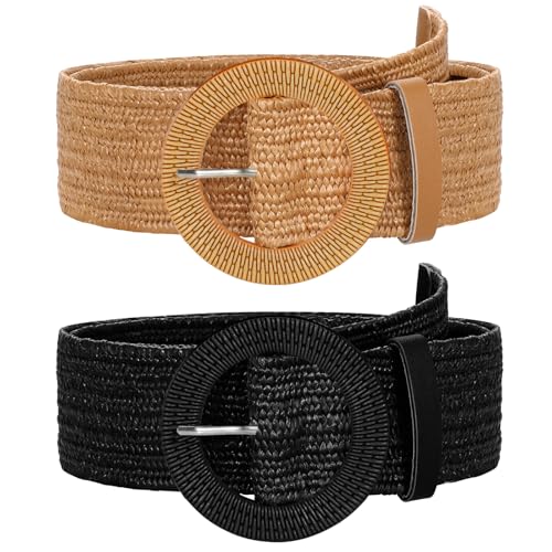 SUOSDEY 2 Pack Straw Woven Elastic Belt Braided Stretch Wide Boho Rattan Waist Belt for Women Dresses - color: 03-brown+black, size: Fit Waist up to 40''