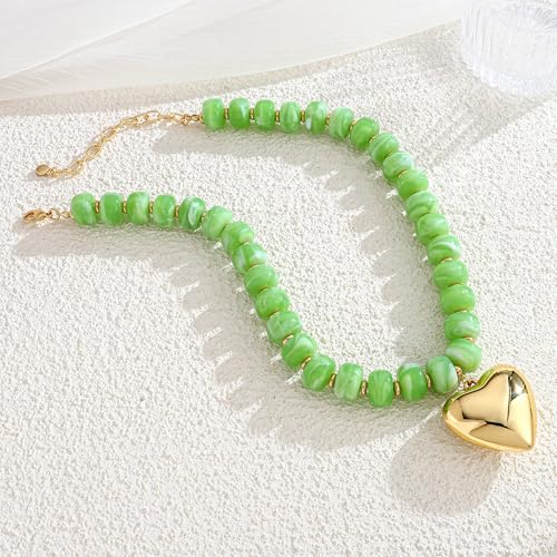 WOWORAMA Chunky Heart Necklaces for Women Colorful Resin Beaded Choker Necklace Gold Puffy Heart Statement Necklace Trendy Acrylic Choker Jewelry - color: Light-Green