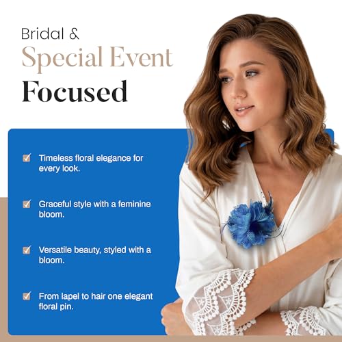4.72 Inches Elegant Hair Clip Large Flower Brooches for Women | Flower Mesh Feathers Headwear Ponytail Holder & Hair Clips for Wedding | Charming Floral Lapel & Brooch Pins for Women Fashion (Blue) - color: Blue