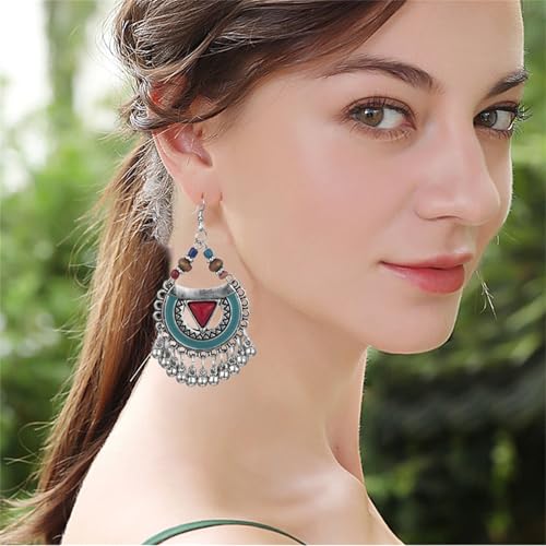 Vintage Boho Statement Drop Dangle Earrings for Women Bohemian Ethnic Handmade Beaded Charms Earring Bohemian Retro Chandelier Tassel Earrings Mexico Gypsy Jewelry Gift - color: Silver Red Triangle