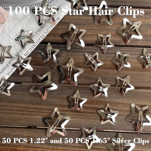 100 PCS Stars Hair Clips,50PCS 1.22"Clip and 50 PCS 1.65"Clips Snap Star Hair Accessories Non Slip Star Clips for Girls Women Y2K Accessories Silver Metal Hair Clips - color: 1.22" 1.65"Silver (100PCS)