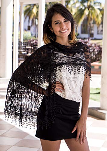 Cindy & Wendy Lightweight Soft Leaf Lace Fringe Scarf Bridal Shawl for Women - color: Black-1